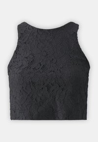 Černý krajkový crop top s květinovým vzorem. Hladká textura, bez rukávů, kulatý výstřih a přiléhavý střih.