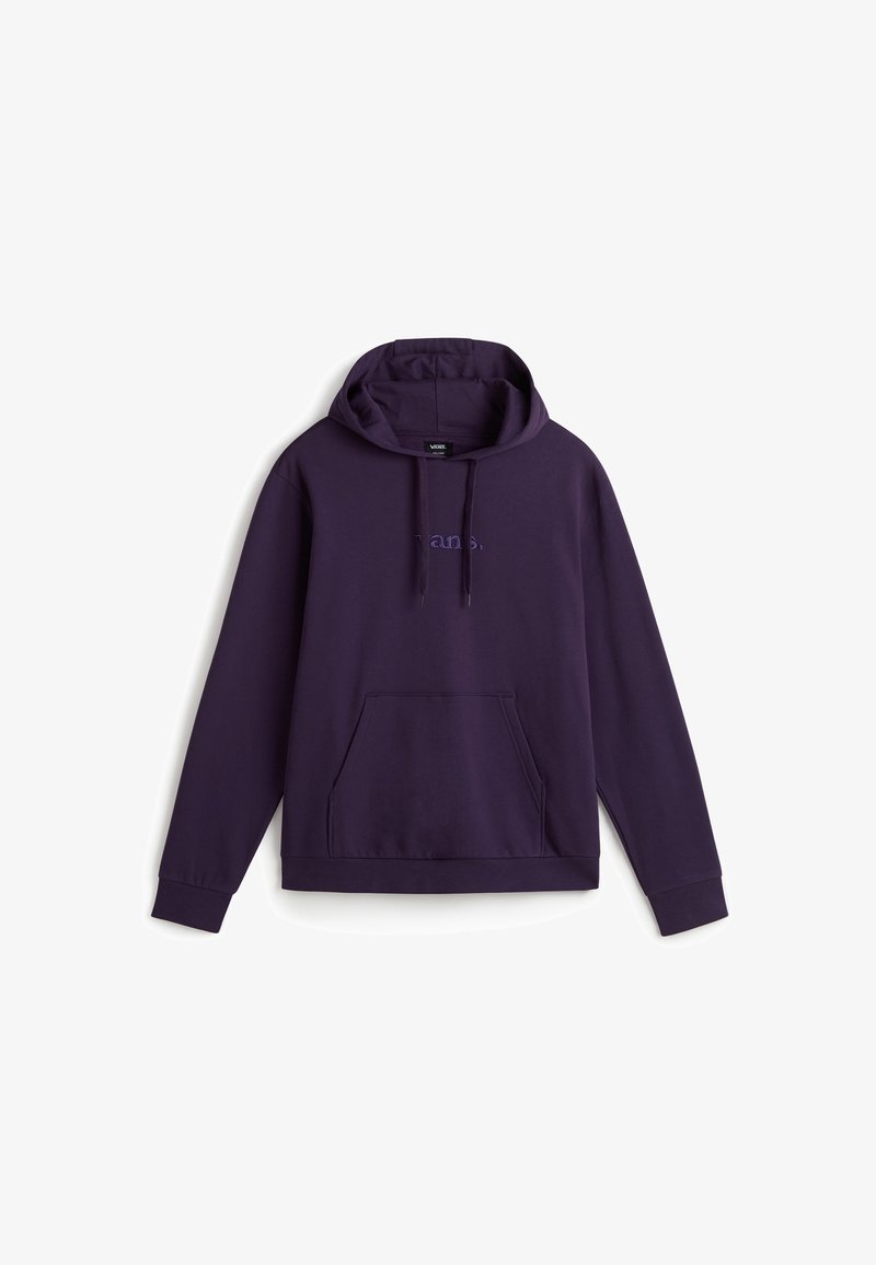 Sweat à capuche violet foncé à manches longues avec poche avant et cordons, présentant un texte brodé discret sur la poitrine.