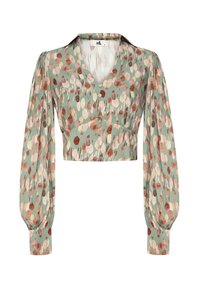 Cropped blouse con stampa floreale in tessuto verde chiaro, dotata di lunghe maniche a sbuffo, scollatura a V e delicati dettagli con bottoni in vita.