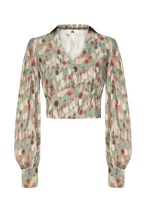 Blouse courte en tissu vert clair avec imprimé floral, dotée de manches bouffantes longues, d'un décolleté en V et de subtils détails de boutons à la taille.