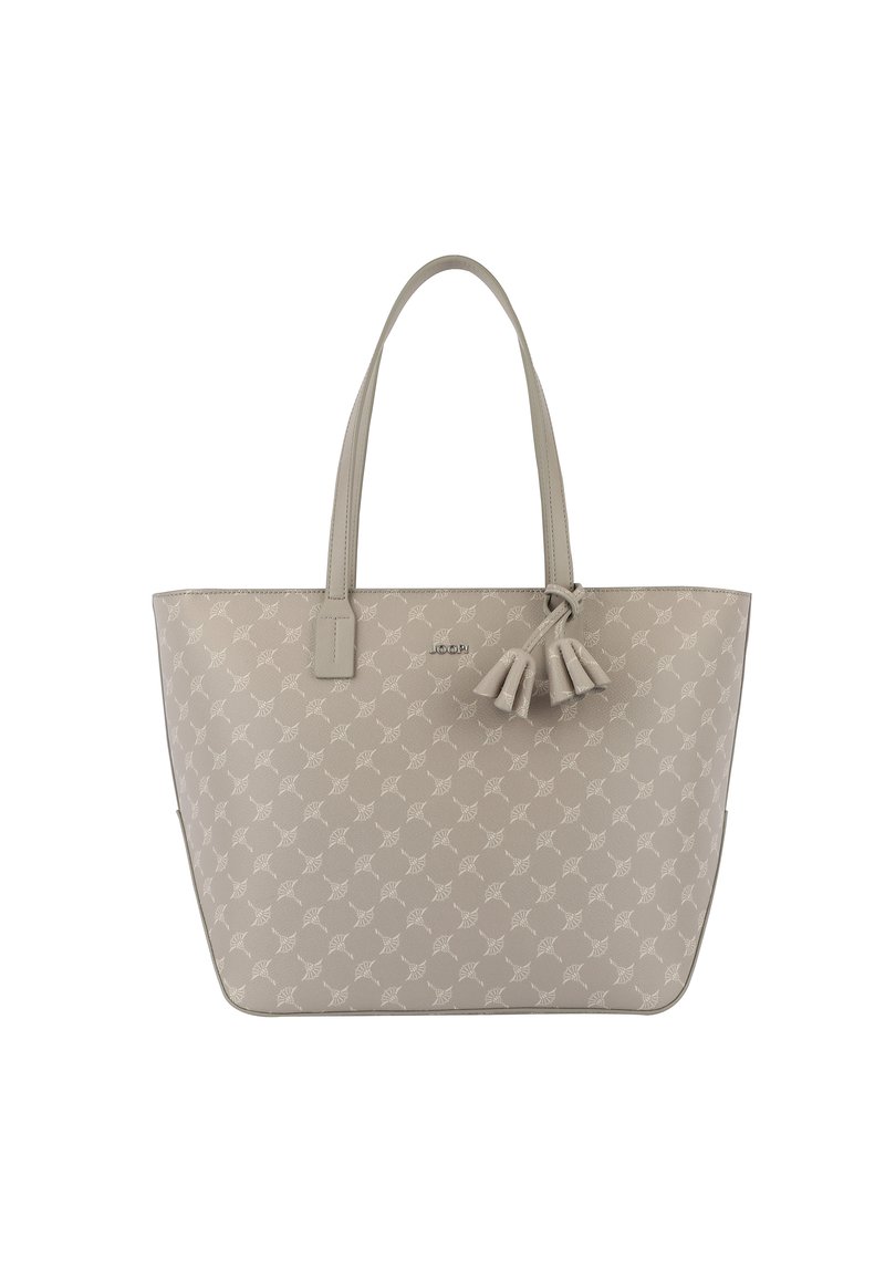 Borsa tote beige con una texture a motivi, doppi manici superiori e un accento decorativo a nappina. Presenta un design rettangolare spazioso.