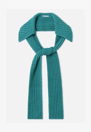 Tirkizna pletena marama sa rebrastom teksturom, širokim ovratnikom i dizajnom omota s čvorom, pružajući toplinu i pokrivenost.