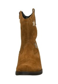 Brown suede ankle boot featuring star accents and stitching details, with a rounded toe and side zipper for easy wear.