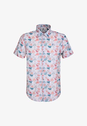 Camicia a maniche corte realizzata in tessuto con un motivo geometrico nelle tonalità di rosa, blu e bianco, con colletto a punta e bottoni frontali.