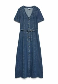 Denimist midi kleit lühikeste varrukatega, V-kaelusega, ees nupuga kinnituv, õmblustega ja vöökohal kangast vööga seotud.