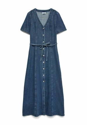 Robe midi en denim avec manches courtes, col en V, fermeture à boutons sur le devant, coutures surpiquées et ceinture en tissu nouée à la taille.