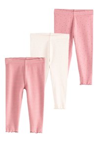 Trois paires de leggings : rose pâle avec des rayures blanches, crème uni, et rose pâle avec petits pois. Tissu doux, coupe ajustée, longueur cheville.