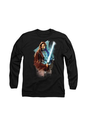 Schwarzes Langarmshirt mit digitaler Kunst eines kapuzenbekleideten Kriegers, der ein leuchtendes blaues Lichtschwert hält.