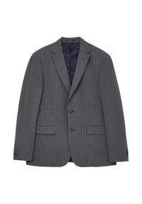 Giacca grigia a righe con due bottoni, rever a taglio e due tasche frontali. L'interno presenta una foderatura blu navy. Tessuto dal tocco morbido.