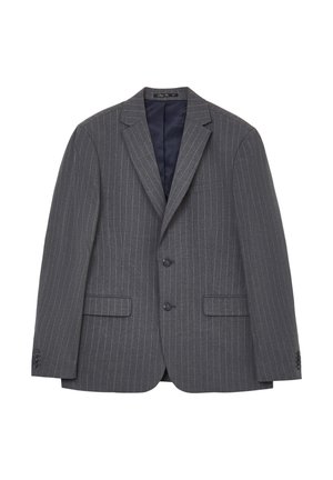 Grau gestreifte Anzugjacke mit zwei Knöpfen, Reverskragen und zwei Fronttaschen. Das Innenfutter hat einen marineblauen Stoff. Weiches Textilgefühl.
