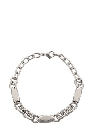 Sølvfarvet metalkædearmbånd med vekslende ovale og flade led, med lobsterlås og glat overflade.