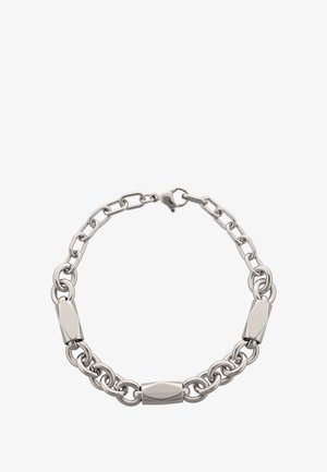 Bransoletka z łańcuszka w srebrnym odcieniu, z naprzemiennymi owalnymi i płaskimi ogniwami, wyposażona w zapięcie typu karabińczyk i gładką teksturę.