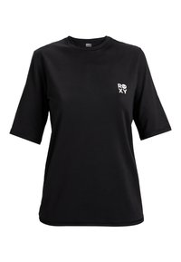 Camiseta preta feita de tecido liso com mangas curtas, decote redondo e um logótipo branco impresso no peito esquerdo.