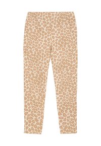 Leopard-Print Leggings in Hellbeige mit braunen und rosa strukturierten Flecken, ausgestattet mit einem elastischen Taillenbund für Komfort und Flexibilität.
