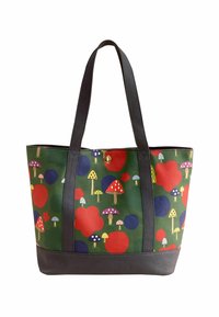 Vihreä kassi mustilla käsitangoilla, jossa on värikkäitä sieni- ja pyöreitä kuvioita punaisena, sinisenä ja keltaisena tekstuurilla varustetulla kankaalla.