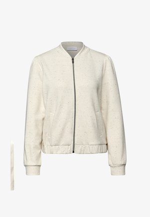 Jasnorozowa kurtka typu bomber z zamkiem z przodu, ściągaczami na mankietach, bocznymi kieszeniami i subtelną nakrapianą fakturą. Miękki materiał z elastycznym ściągaczem na dole.