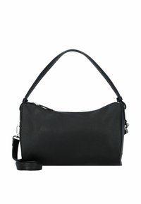 Bolso de cuero negro con un acabado texturizado, que cuenta con un asa superior curvada y una correa de hombro ajustable. Cierre con cremallera en la parte superior.