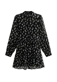 Vestito nero a fiori con colletto, maniche lunghe e gonna a strati. Presenta motivi floreali bianchi e verdi su tessuto trasparente.