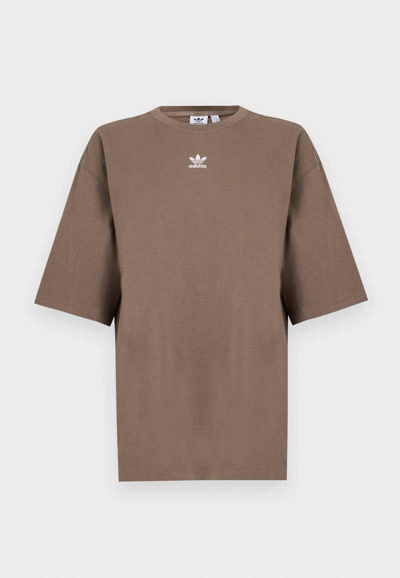 Braunes Baumwoll-T-Shirt mit kurzen Ärmeln, Rundhals und weißem Adidas-Logo, das zentral auf der Brust platziert ist. Das Design ist schlicht und der Schnitt ist locker.