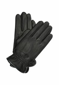 Czarne skórzane rękawiczki o teksturowanym wykończeniu, z dopasowanym krojem, czterema palcami oraz dekoracyjnym, haftowanym mankietem.