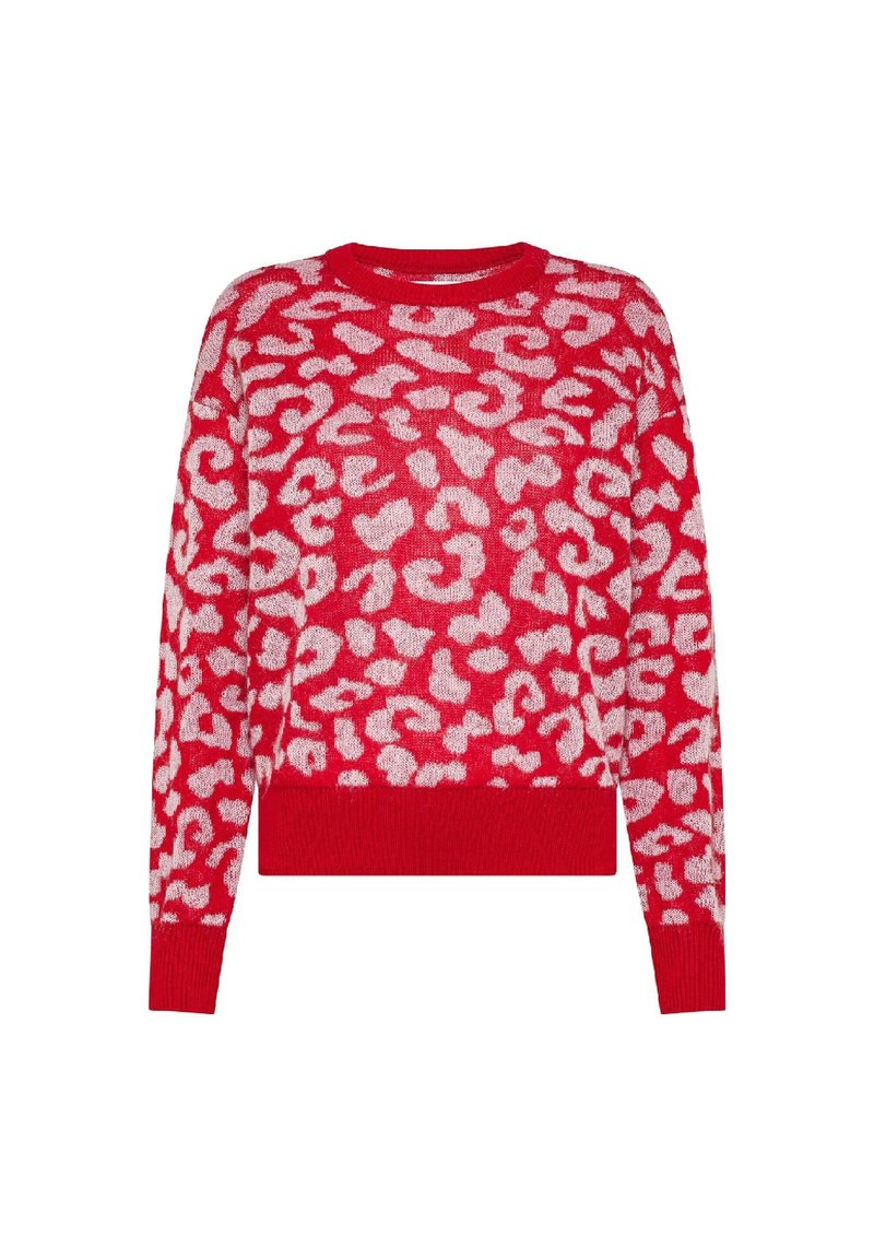 Maglione rosso con una morbida texture e un motivo maculato rosa. Collo rotondo e polsini e orlo a costine.