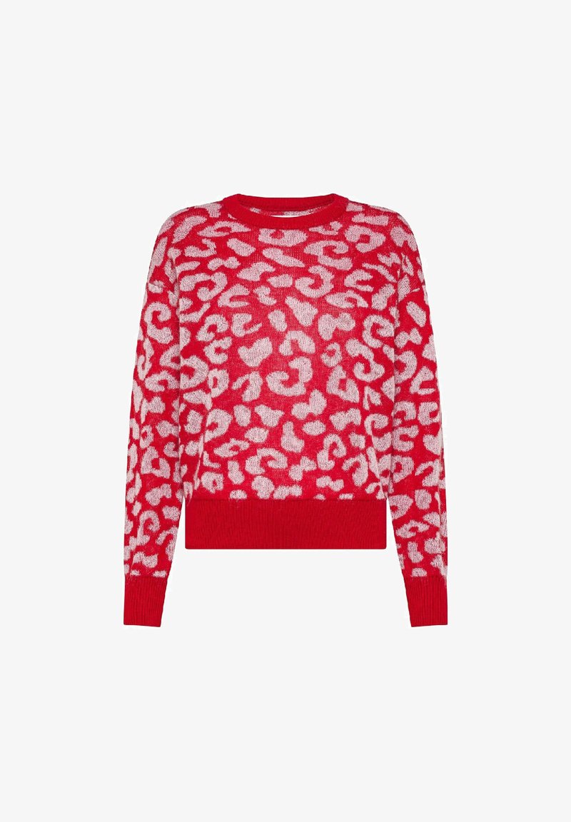 Maglione rosso con una morbida texture e un motivo maculato rosa. Collo rotondo e polsini e orlo a costine.