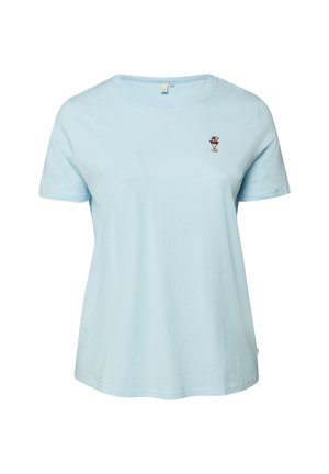 Lichtblauw T-shirt met korte mouwen en een klein geborduurd cocktailglas op de linkerborst, met een ronde halslijn en een ontspannen pasvorm.