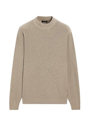 Beige knitted sweater with a high neckline, long sleeves, and a ribbed texture. Simple design, no patterns or embellishments.