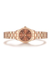 Roosa kuldne kell ümmarguse pruuni tahhiga, tund/näitaja markeritega ja tekstuuriga raamiga. Omab roosa kuldset metallist rihma, millel on linkidest koosnev disain.