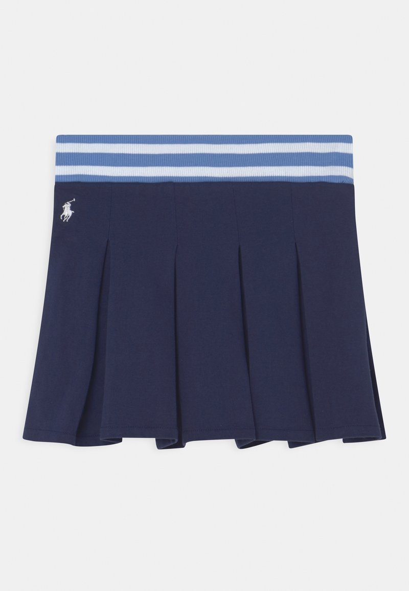 Laivansiniset laskostetut hameet, joissa on ribattu vyötärö, jossa on vaaleansinisiä raitoja ja valkoinen logo vasemmalla edessä. Valmistettu pehmeästä kankaasta.