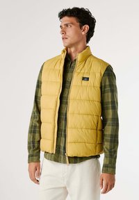 Gilet imbottito giallo con alto colletto, chiusura con zip e piccola patch con logo. Indossato sopra una camicia a quadri verde, con una texture solida e senza maniche.