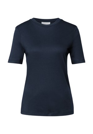 Marineblå T-shirt med korte ærmer lavet af blødt bomuld, med rund halsudskæring og en slim fit design uden mønstre eller dekorationer.