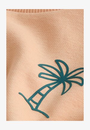 Breskvastekstil s dizajnom palme u tirkiznoj boji. Tkanina ima finu rebrastu teksturu s glatkom završnom obradom.