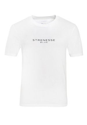 Wit katoenen T-shirt met een ronde hals en korte mouwen, met "STRENESSE BLUE" centraal in het zwart gedrukt op de voorkant.