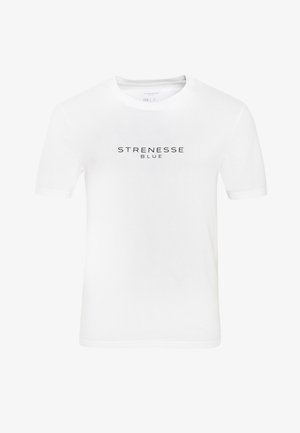 Weißes Baumwoll-T-Shirt mit Rundhalsausschnitt und kurzen Ärmeln, mit "STRENESSE BLUE" zentral in Schwarz auf der Vorderseite bedruckt.