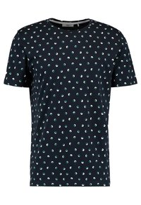 Camiseta marinera con patrón circular blanco y verde, cuello redondo, mangas cortas, hecha de suave material de algodón. Diseño casual, ajuste regular.