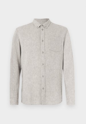 Camicia grigio chiaro con bottoni, realizzata in tessuto strutturato, con colletto, maniche lunghe e una tasca sul petto.