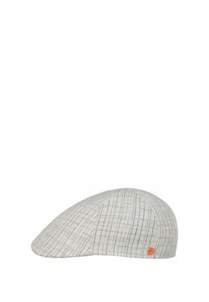 Light gray flat cap with a subtle checkered pattern and a small red circular logo on the side.