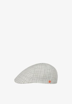 Light gray flat cap with a subtle checkered pattern and a small red circular logo on the side.