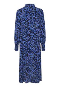 Robe midi à manches longues avec imprimé léopard bleu et noir, dotée d'un col et de larges poignets, vue de dos.