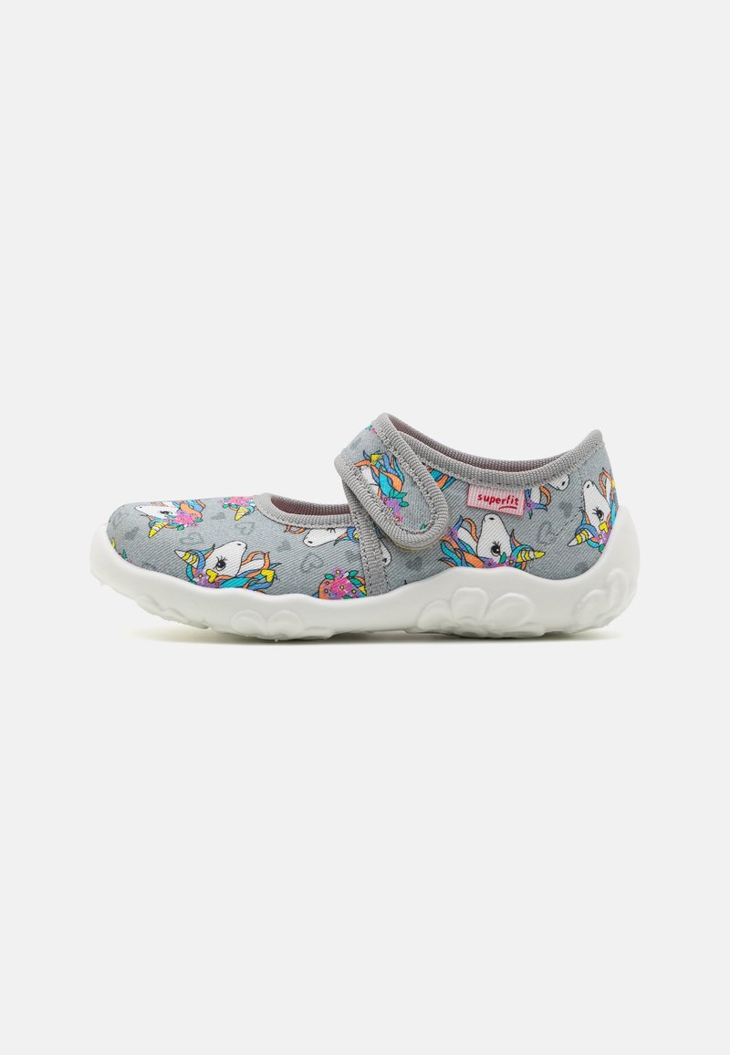 Gray fabric shoe with a unicorn and donut print, featuring a Velcro strap and a white rubber sole with a textured design.
