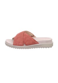 Růžové zaměře slidové sandály s překříženými popruhy, texturovanou krémovou podrážkou a polstrovanou stélkou s cik-cak okrajem.