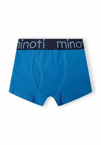 Plave pamučne bokserice s tamnoplavim elastičnim pojasom na kojem se nalazi naziv branda "minoti" u svijetloplavoj boji. Dizajnirane s prednjim otvaranjem.