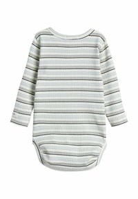 Långärmad bodysuit i ljusgrått med växlande mörkblå och marinblå ränder. Ribbstruktur och rund halsringning. Tryckknappsstängning i botten.