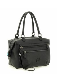 Borsa a tracolla in pelle nera con due tasche con zip frontali, doppi manici e una tracolla staccabile. Superficie testurizzata con dettagli in metallo argentato.
