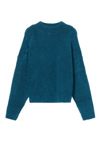 Suéter de felpa verde azulado con mangas largas, cuello redondo y un corte corto. Textura suave con una silueta ligeramente holgada.
