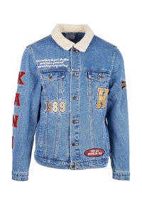 Denim jacket with a sherpa collar, light blue color, featuring embroidered text and patches in red, gold, and white, with two chest pockets.