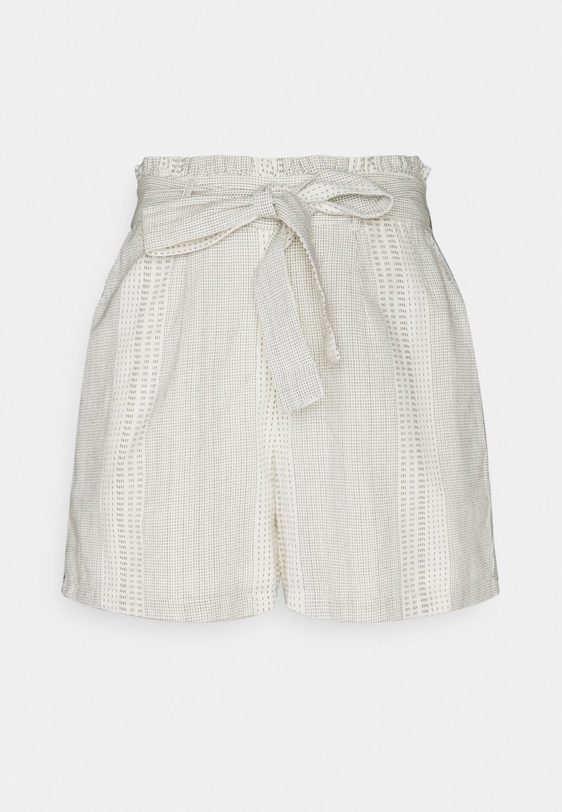 Light beige shorts with a textured pattern, featuring a wide waistband, integrated tie belt, and side pockets.