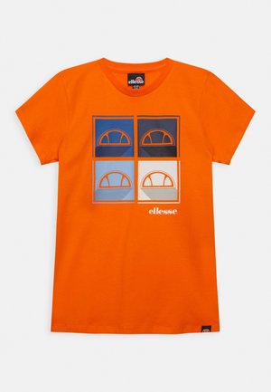 Bright orange t-shirt, short sleeves, featuring a graphic design of four colored squares with stylized arches. Brand logo at the bottom.