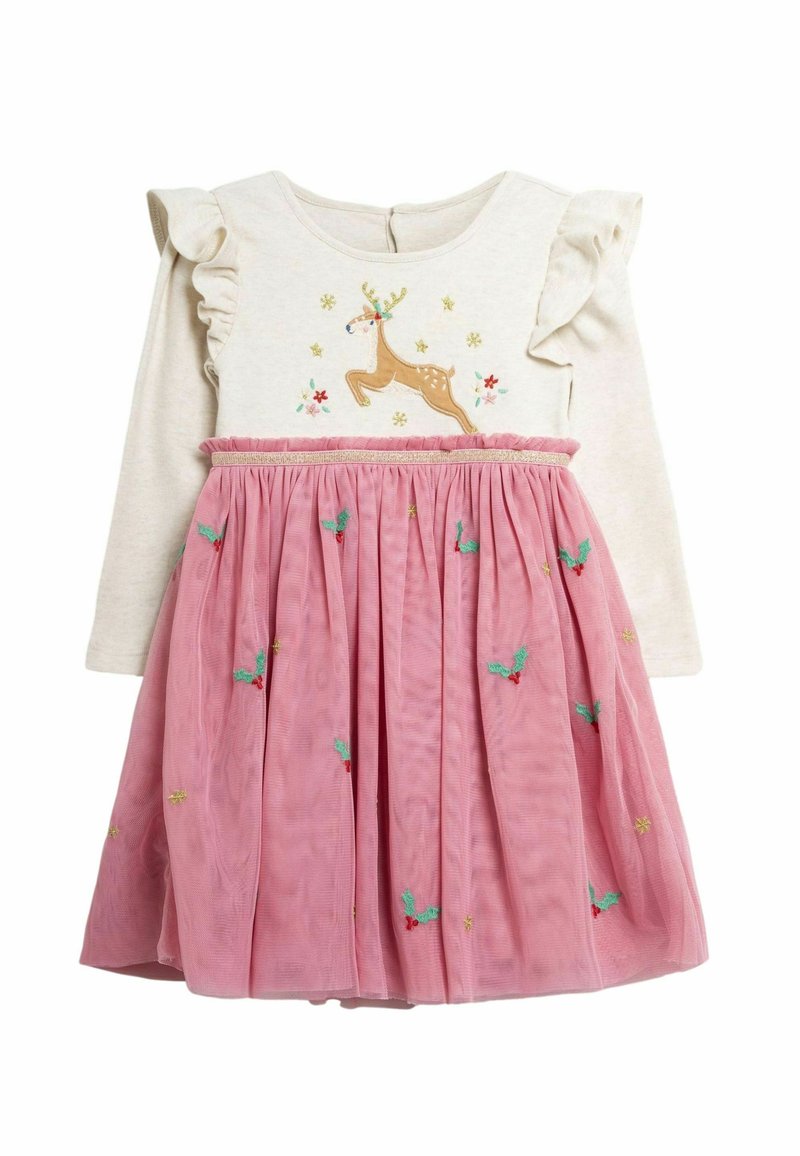 Langärmliges Kleid mit einer cremefarbenen Oberseite, die Rüsche an den Schultern hat, Rentierstickerei und einem rosa Tüllrock, der mit Stechpalmenmustern verziert ist.